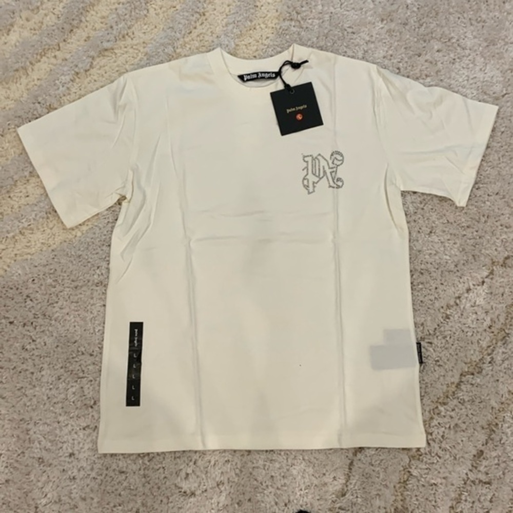 Palm Angels PA Rhinestones Logo White T-Shirt Mens Size Large